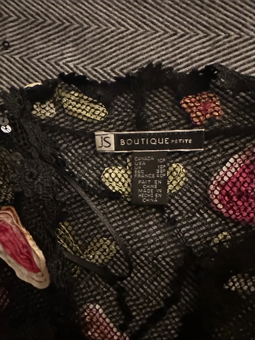 JS Collections Black Sheer Embroidered Floral Jacket with Pink and Green Accents